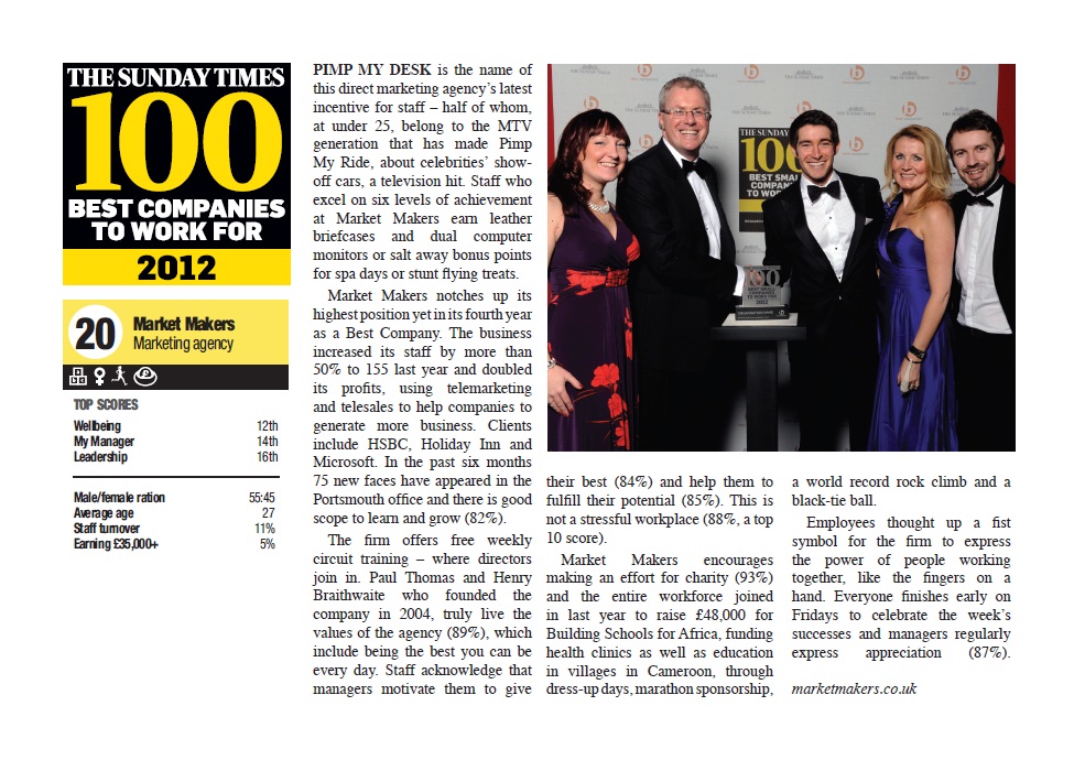 2012 Best Companies Article - Times Top 100 Companies to Work for Press Release 2012