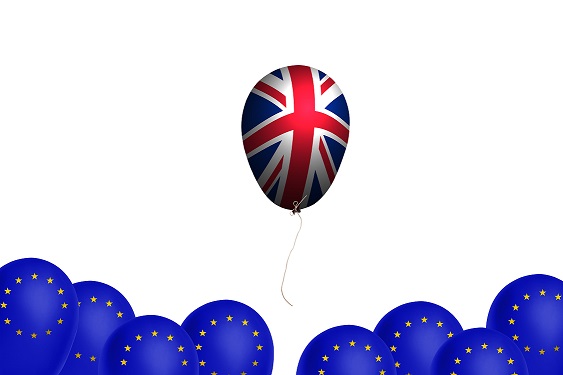 Flying balloon with the flag of the United Kingdom as an illustration of the Brexit