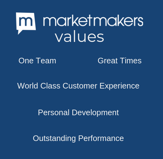 Picture showing the MarketMakers company values. These values are: One Team, Great Times, World Class Customer Expereience, Personal Development and Outstanding Performance